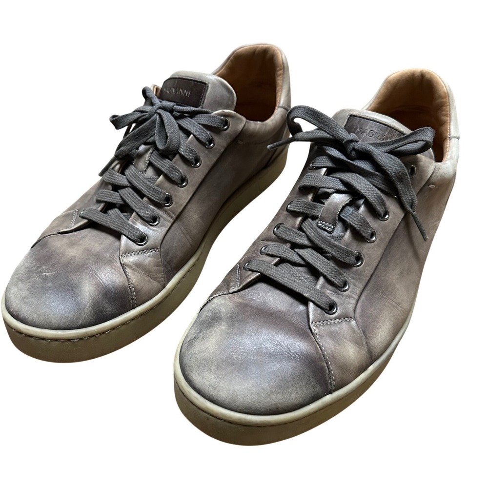 Magnanni Mens Grey Burnished Leather Low Top Sneakers Size 9.5 Luxury Minimalist